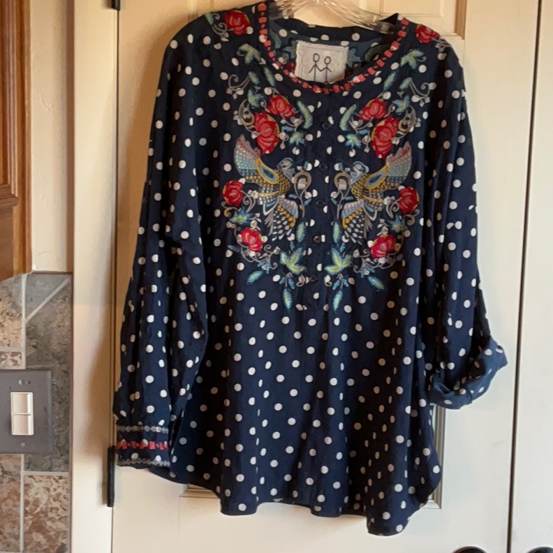 Johnny Was Cotton Embroidered Shirt Polka Dot